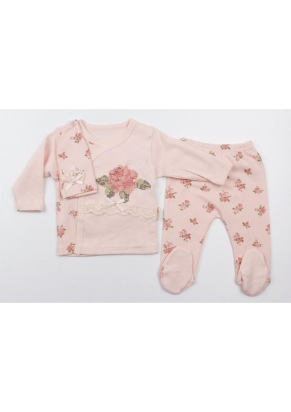 Kız Bebek Pudra Pembe Çiçek Desenli Dantelli 3’lü Takım – Zarif ve Yumuşacık Pamuk Kumaş 0883 0-3 Ay fiyatları