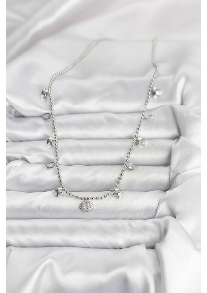 Zarif Boyunlar Için Silver Pirinç Zirkonlu Deniz Kabuğu Kadın Kolye