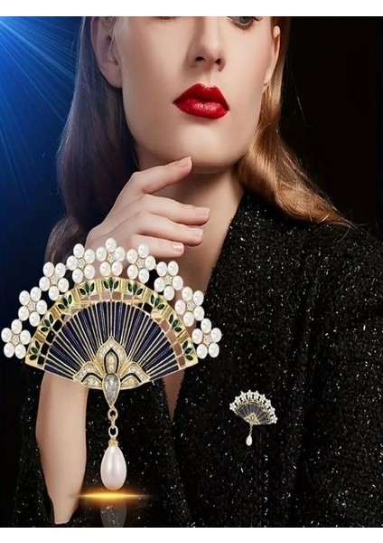 Taşlı ve Incili Çin Yelpazesi BROŞ-14K Altın Kaplama