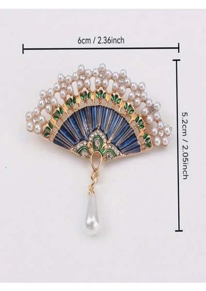 Taşlı ve Incili Çin Yelpazesi BROŞ-14K Altın Kaplama