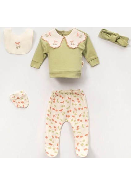 Kız Bebek Yeşil Kiraz Desenli Yaka Detaylı 5’li Set – Pamuklu ve Yumuşak Doku V52723 3-3 Ay