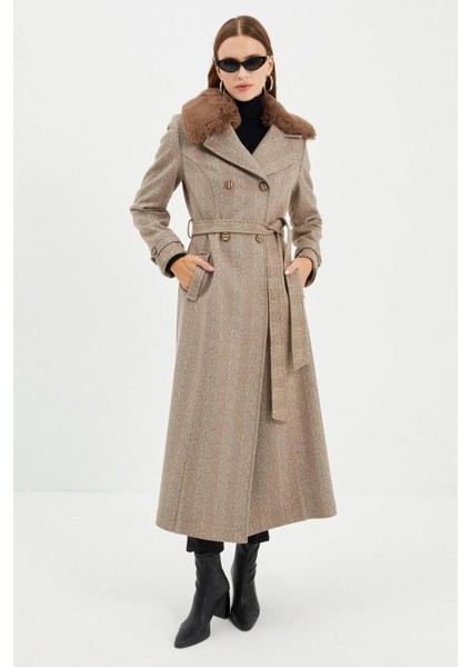 Kürk Detaylı Kruvaze Yaka Kaşe Kaban 13114 Vizon