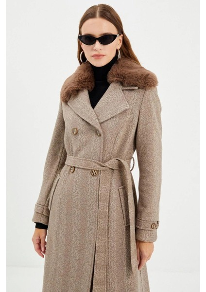 Kürk Detaylı Kruvaze Yaka Kaşe Kaban 13114 Vizon indirimleri