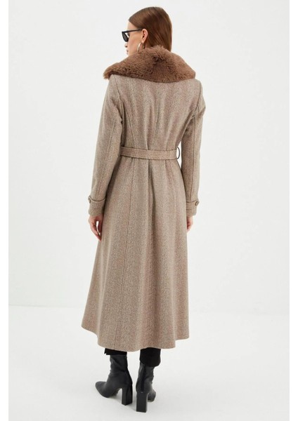 Kürk Detaylı Kruvaze Yaka Kaşe Kaban 13114 Vizon