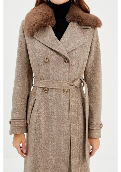 Kürk Detaylı Kruvaze Yaka Kaşe Kaban 13114 Vizon