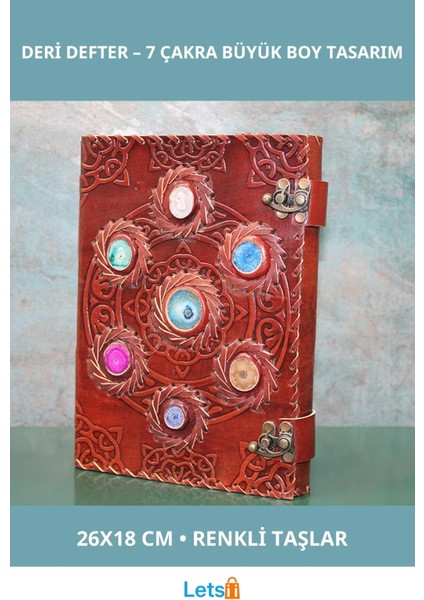 Taşlı Deri Defter Büyük Boy 7 Çakra Tasarımlı 26X18 cm