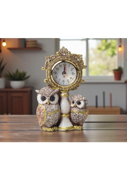 Lüks Işlemeli Saatli 2'li Baykuş Heykeli Dekoratif Masaüstü Biblo Yeni Yıl Ev & Ofis Hediyesi 17 Cm.