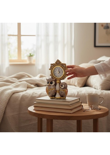 Lüks Işlemeli Saatli 2'li Baykuş Heykeli Dekoratif Masaüstü Biblo Yeni Yıl Ev & Ofis Hediyesi 17 Cm. fiyatları