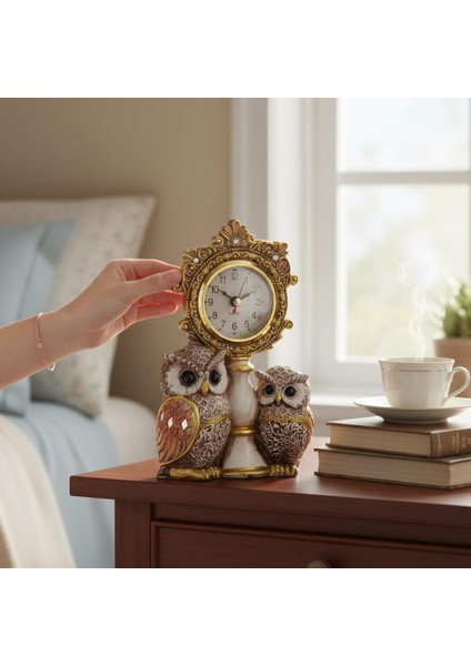 Lüks Işlemeli Saatli 2'li Baykuş Heykeli Dekoratif Masaüstü Biblo Yeni Yıl Ev & Ofis Hediyesi 17 Cm. modelleri