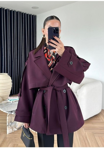 Kadın Kemerli Açık Mürdüm Araboy Kol Apoletli Şal Yaka Trençkot