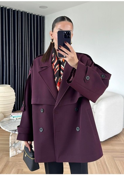 Kadın Kemerli Açık Mürdüm Araboy Kol Apoletli Şal Yaka Trençkot modelleri