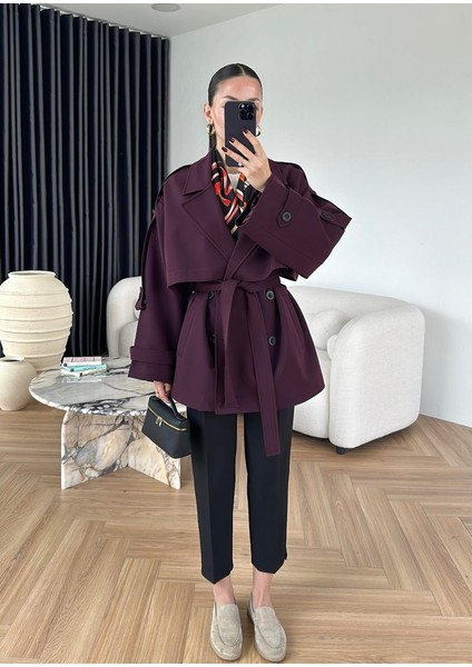 Kadın Kemerli Açık Mürdüm Araboy Kol Apoletli Şal Yaka Trençkot indirimleri