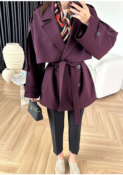 Kadın Kemerli Açık Mürdüm Araboy Kol Apoletli Şal Yaka Trençkot