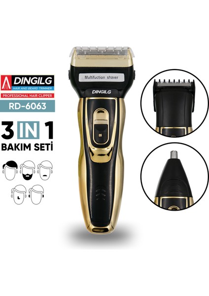 RD-6360 Altın Sarısı Şarjlı 3'ü 1 Arada Saç Sakal Burun Tıraş Makinesi Erkek Kişisel Bakım Seti