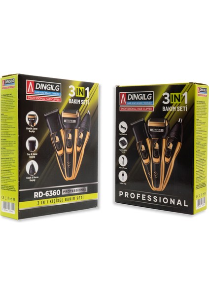 RD-6360 Altın Sarısı Şarjlı 3'ü 1 Arada Saç Sakal Burun Tıraş Makinesi Erkek Kişisel Bakım Seti