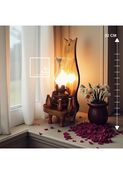 Jude 77-2 Ahşap Gaz Lambası Tasarım Abajur Rustik Dekoratif Aydınlatma El Yapımı Retro Masa Lambası