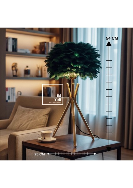 Miava Yeşil Tüylü Bronz Ayaklı Masa Lambası 54 cm Dekoratif Abajur Modern Ev Ofis Aydınlatma Hediye