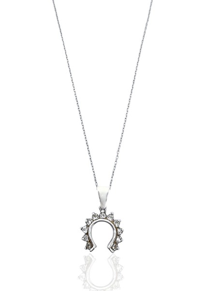 Minimal Beyaz Taşlı Zarif At Nalı Gümüş Kadın Kolye – 1,5 cm x 2 cm