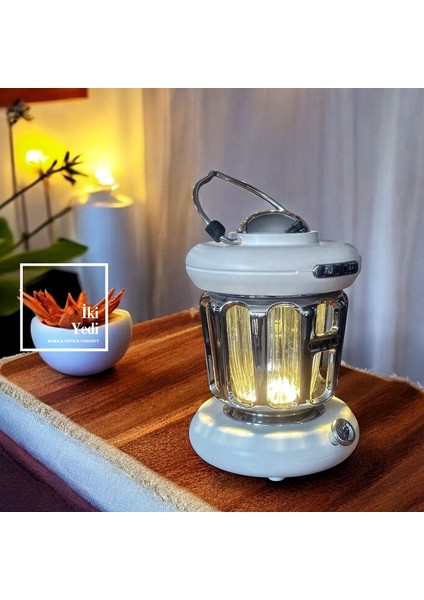 Barthez Retro Kamp Feneri Tasarımlı Şarjlı Gece Lambası Taşınabilir Masa Lambası Beyaz