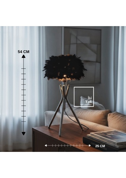 Miava Siyah Tüylü Krom Ayaklı Masa Lambası 54 cm Dekoratif Abajur Modern Ev Ofis Aydınlatma Hediye