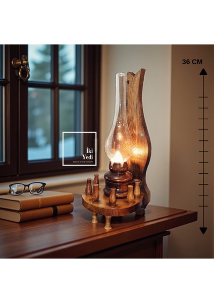 Jude 77-1 Rustik Ahşap Gaz Lambası Tasarımlı Masa Lambası Dekoratif Aydınlatma Vintage Loş Işık