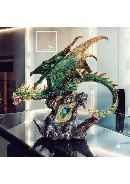 Dragon 77-1 Büyük Ejderha Figürü Ledli Işıklı Dekoratif Yeşil Ejderha Heykeli Fantastik Ofis Dekoru