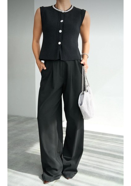 Kadın Bisiklet Yaka Taş Işleme Detaylı Pamuklu Yelek