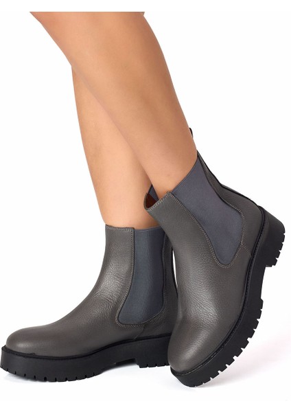 Gri Hakiki Deri Lastikli Chelsea Kadın Bot