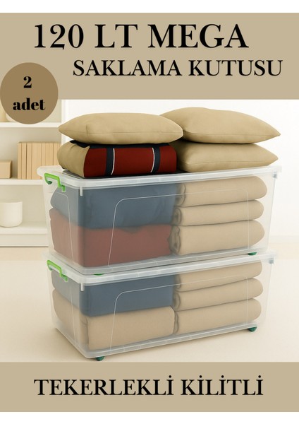 Tekerlekli Kilitli 120 Lt Mega Saklama Kutusu Depolama Düzenleyici Şeffaf 2 Adet