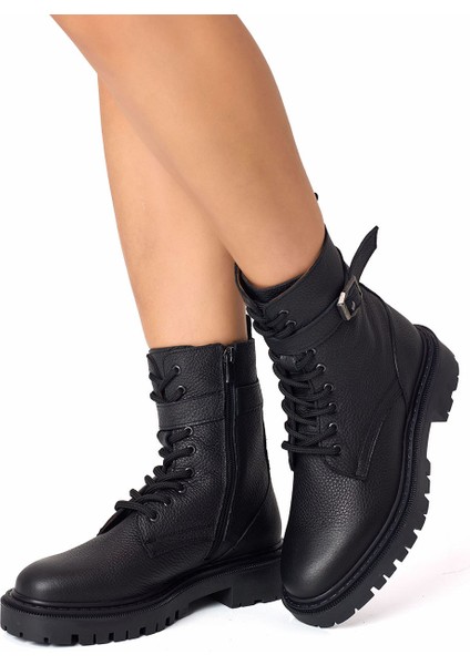 Siyah Fermuarlı Bağcıklı Tokalı Hakiki Deri Kadın Bot