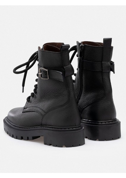 Siyah Fermuarlı Bağcıklı Tokalı Hakiki Deri Kadın Bot indirimleri