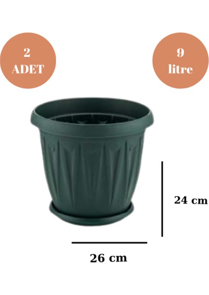 Balkon Saksı Bahçe Saksısı Büyük Boy Yuvarlak Saksı ve Altlığı 9 Litre 2 Adet 26X24 Yeşil