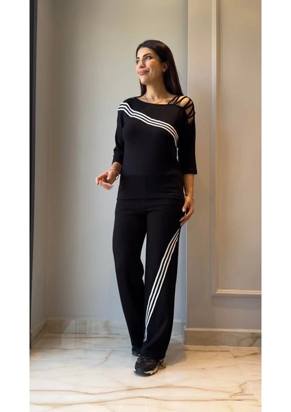 Mdb Kadın Uzun Kollu Truvakar Kol Tek Omuz Çapraz Şerit Detaylı Ribanalı Viskon Iki Iplik Bluz ve Pantolon Ikili Takım