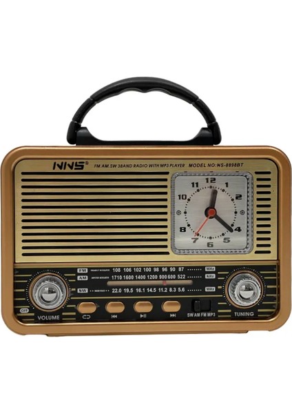 NS-8898 Nostalji Analog Saatli Radyo Bluetooth Hoparlör Usb/tf/ Aux Giriş Bataryalı 8 Watt