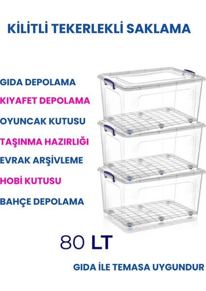 80 Lt Tekerlekli Şeffaf Saklama Kutusu Kilit Kapaklı Gıda Temasına Uygun Kıyafet ve Oyuncak Depolama