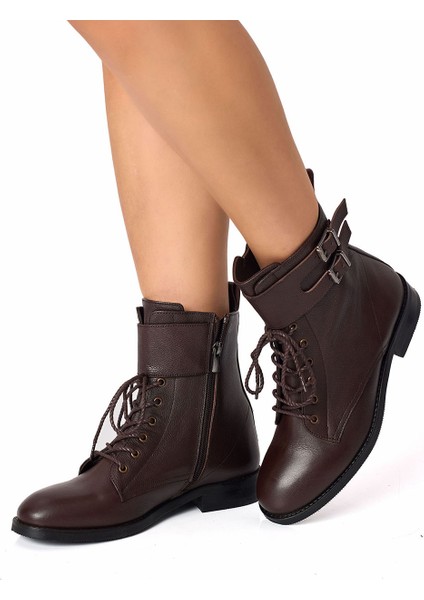 Kahverengi Fermuarlı Bağcıklı Tokalı Hakiki Deri Kadın Bot