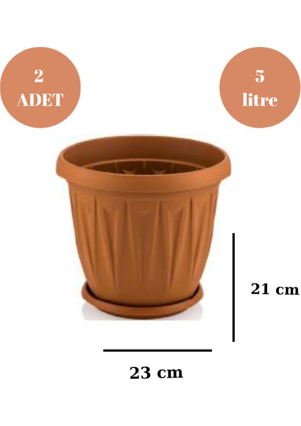 Balkon Saksı Bahçe Saksısı Orta Boy Yuvarlak Saksı ve Altlığı 5 Litre 2 Adet 23X21