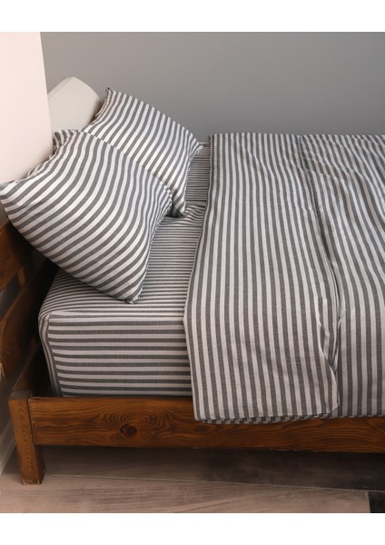 Saten Antrasit Çift Kişilik Lastikli Çarşaflı Nevresim Takımı