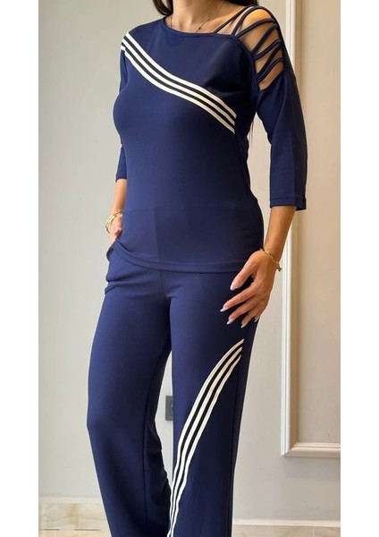 Mdb Kadın Uzun Kollu Truvakar Kol Tek Omuz Çapraz Şerit Detaylı Ribanalı Viskon Iki Iplik Bluz ve Pantolon Ikili Takım modelleri