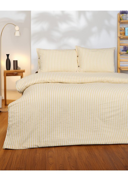 Sarı Çizgili Çift Kişilik Lastikli Çarşaflı Nevresim Takımı