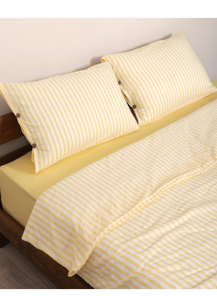 Sarı Çizgili Çift Kişilik Lastikli Çarşaflı Nevresim Takımı modelleri