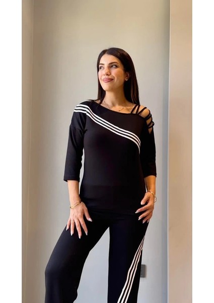 Kadın Uzun Kollu Truvakar Kol Tek Omuz Çapraz Şerit Detaylı Ribanalı Viskon Iki Iplik Bluz ve Pantolon Ikili Takım fiyatları