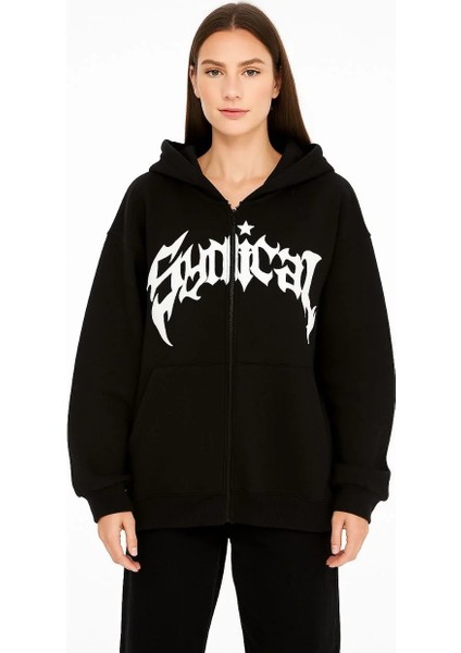 Kadın Oversize Kapüşonlu Sweatshirt Hoodie 3 Iplik Şardonlu Pamuklu Kumaş, Önü Baskılı, Fermuarlı Rahat Kalıp, Kışlık ve Sokak Stili Sweat - Siyah indirimleri