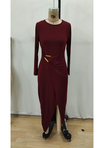 Kadın Uzun Kollu Önden Çapraz Detaylı Yandan Toka Detaylı Uzun Sandy Elbise indirimleri