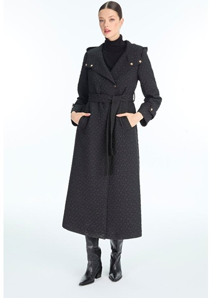 Kapüşonlu Desenli Kuşaklı Giy-Çık Siyah 13976 indirimleri