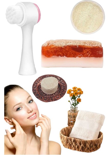 5'li Kabak Lifli Keçi Sütlü Çilek Sabun Ruşur Taşı Yüz Pedi Yüz Temizleme Fırçası Havlu Cilt Bakım