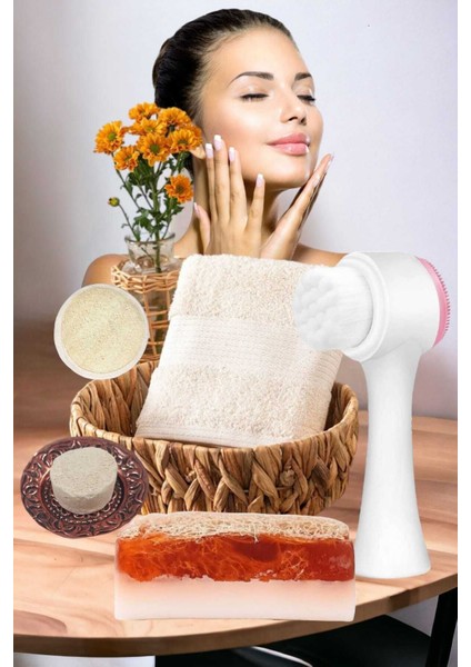 5'li Kabak Lifli Keçi Sütlü Çilek Sabun Ruşur Taşı Yüz Pedi Yüz Temizleme Fırçası Havlu Cilt Bakım modelleri