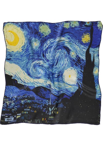 %100 Ipek Bandana Fular-Vincent Van Gogh (Yıldızlı Gece Saks Mavi)