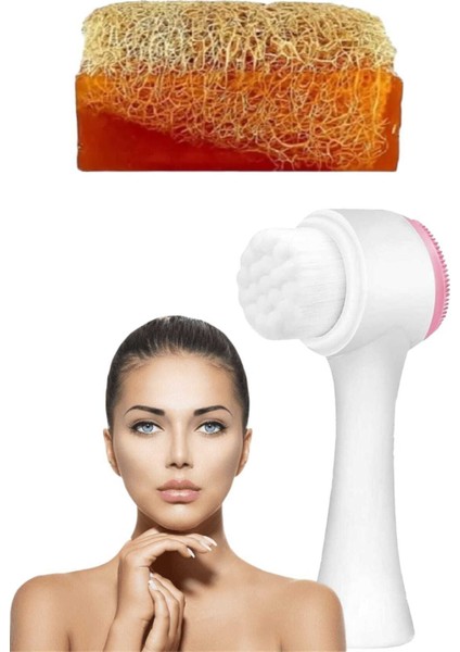 2'li Tüm Cilt Bakım Seti Kabak Kabak Lifli Ballı Sabun Çift Taraflı Yüz Temizleme Fırçası
