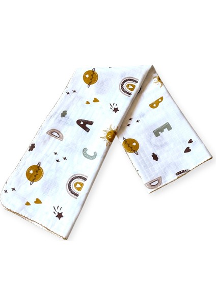 Minika Çok Amaçlı Müslin Örtü Harfler 80 x 90 cm Yenidoğan Örtü Bez